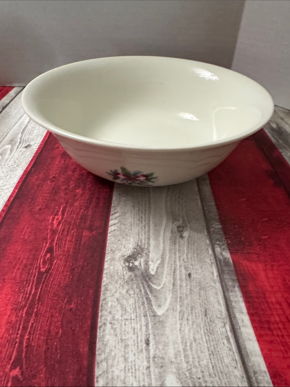 Cream Ceramic Vintage Serving Bowl with Holiday Floral Accent